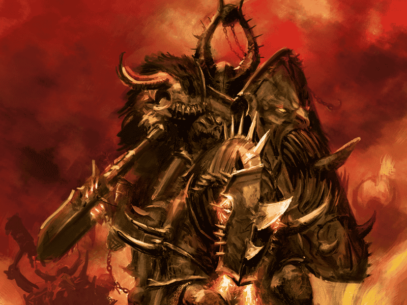 Fantasy artwork of a dark armored warrior on a horned horse against a fiery red and orange background.