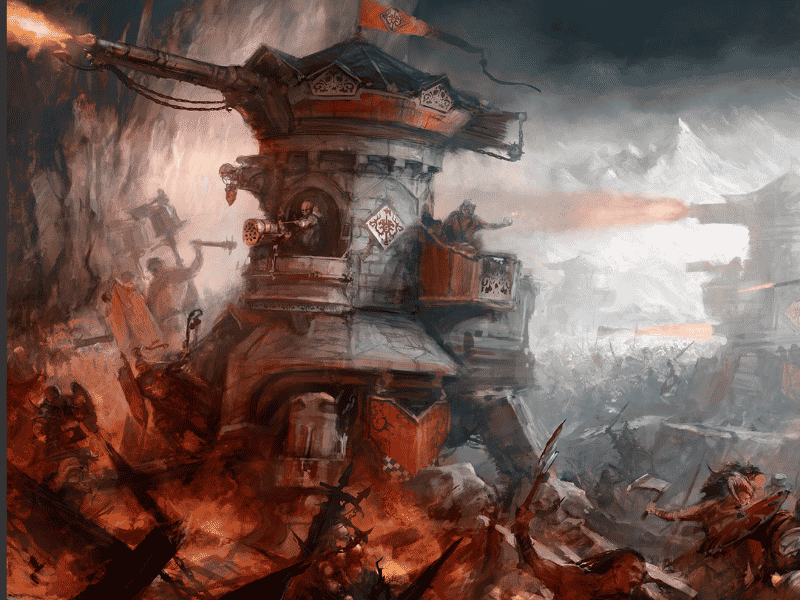 Fantasy battle scene artwork showing a stone tower structure amid smoke, fire, and combat, with soldiers and explosions in the background.