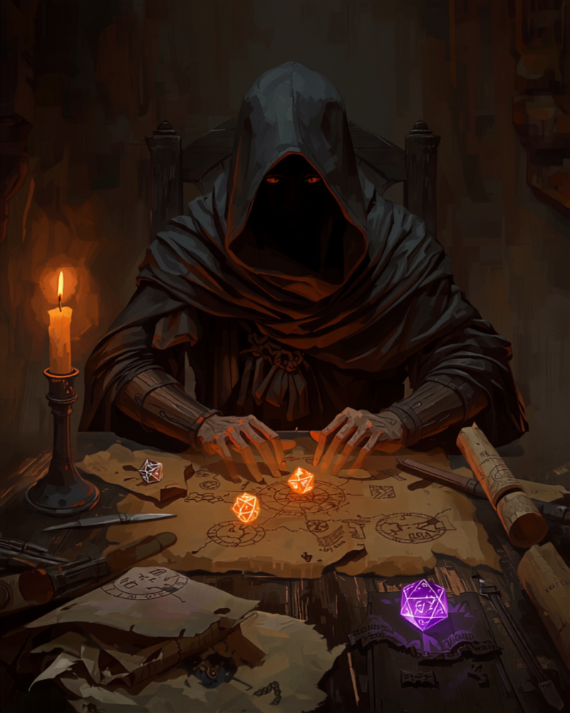 Hooded dungeon master seated at a candlelit table with maps and glowing dice