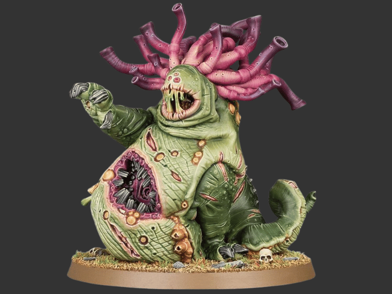 A painted fantasy monster figurine sitting on a round base, with a green body, exposed internal cavities, multiple pink tent-like protrusions on the head, and a skull on the base, shown against a dark gray background.