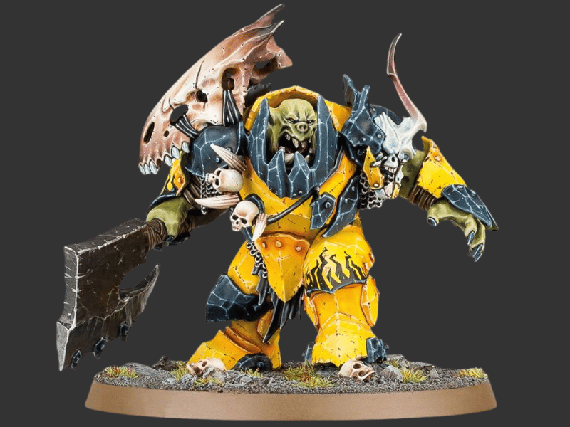 A painted fantasy miniature figurine of a skeletal orgrim-like warrior standing on a round base, wearing tattered yellow armor with dark blue accents and holding a large broken shield or axe. The figure has greenish skin, skull details, and is photographed against a dark gray studio background.