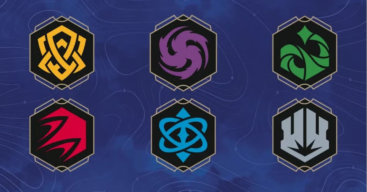 The six Disney Lorcana ink colour symbols: Amber, Amethyst, Emerald, Ruby, Sapphire and Steel