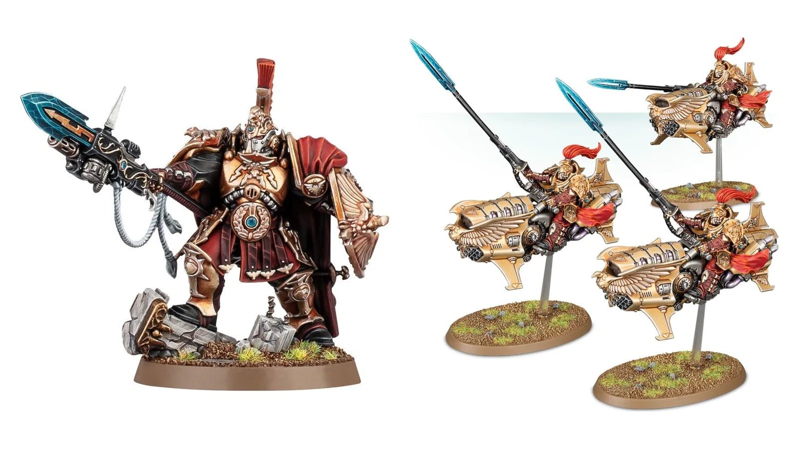 Adeptus Custodes miniatures: a Shield-Captain and Vertus Praetors in golden armour