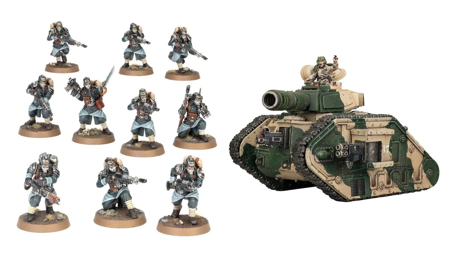 Astra Militarum miniatures: Death Korps of Krieg infantry and a Leman Russ battle tank