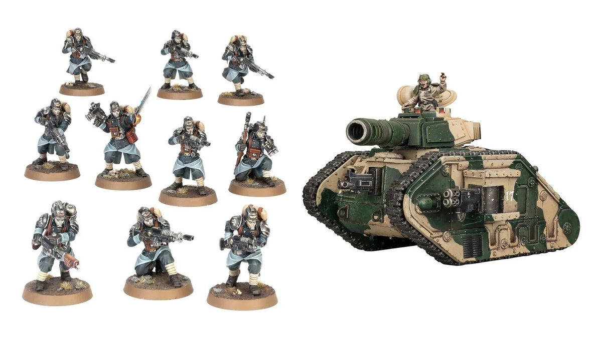 Astra Militarum miniatures: Death Korps of Krieg infantry and a Leman Russ battle tank