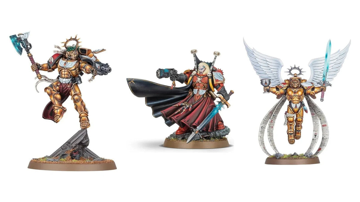Blood Angels miniatures: Commander Dante, Mephiston and the Sanguinor, painted and photographed on white