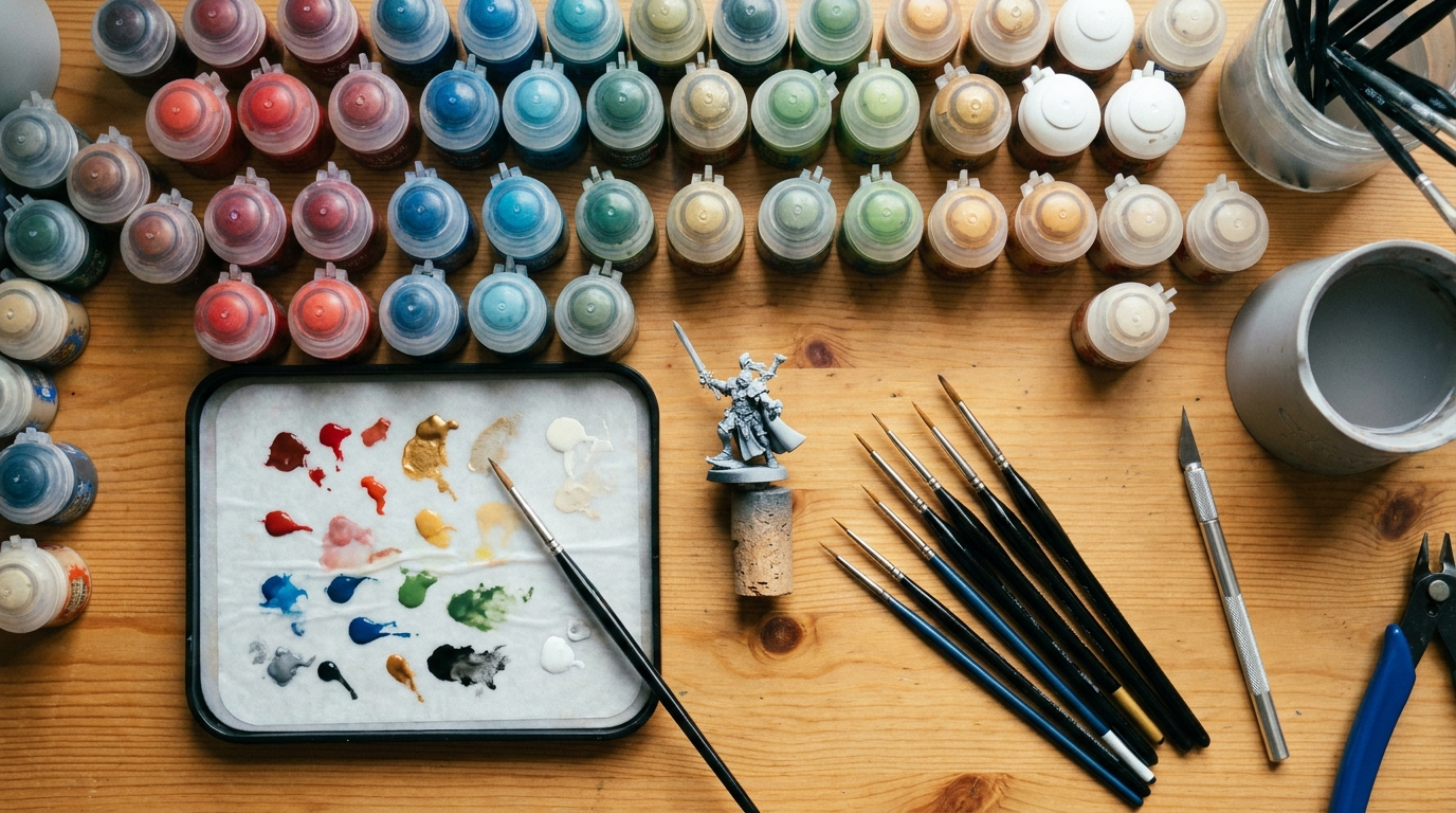 A miniature painter's hobby desk with rows of Warhammer Citadel paint pots, brushes, a wet palette and a part-painted knight miniature