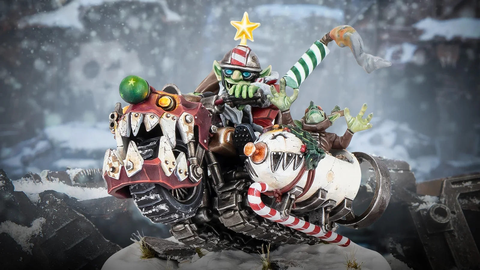 Da Red Gobbo’s Squigmobile, the 2026 festive Warhammer 40,000 miniature, in a snowy scene