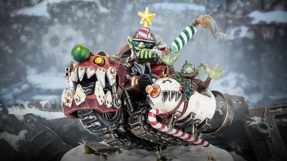 Da Red Gobbo’s Squigmobile, the 2026 festive Warhammer 40,000 miniature, in a snowy scene