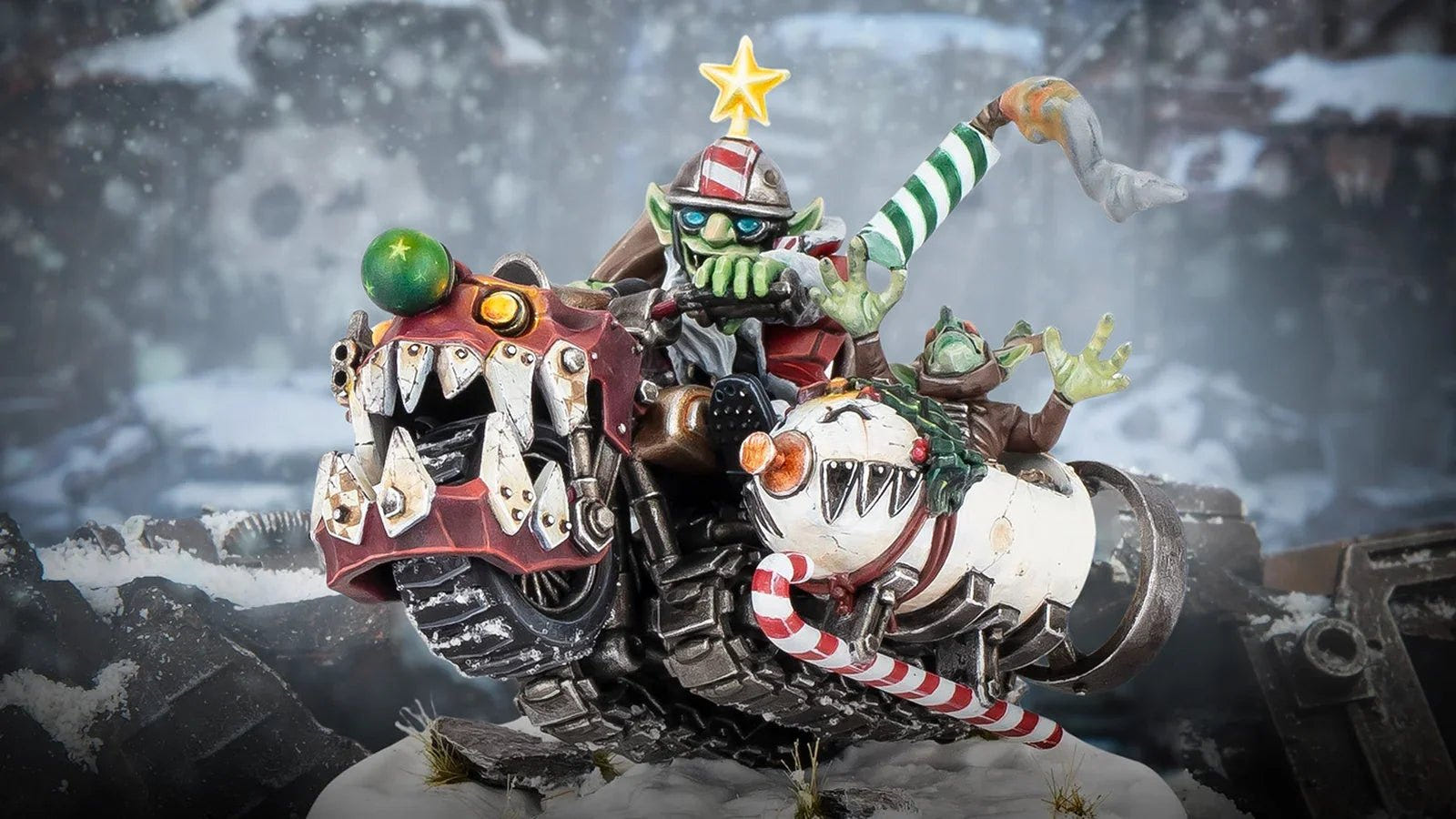 Da Red Gobbo’s Squigmobile, the 2026 festive Warhammer 40,000 miniature, in a snowy scene