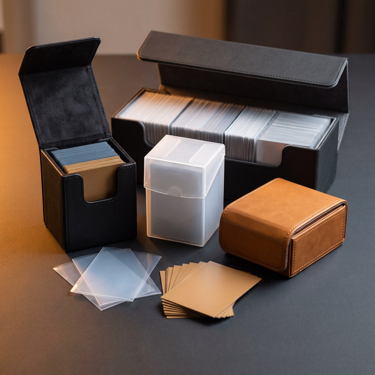 A collection of deck boxes of different sizes and capacities laid out on a table