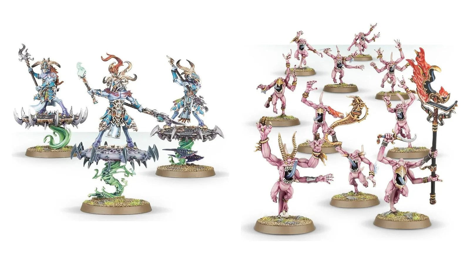 Disciples of Tzeentch Tzaangor Enlightened and Pink Horrors miniatures