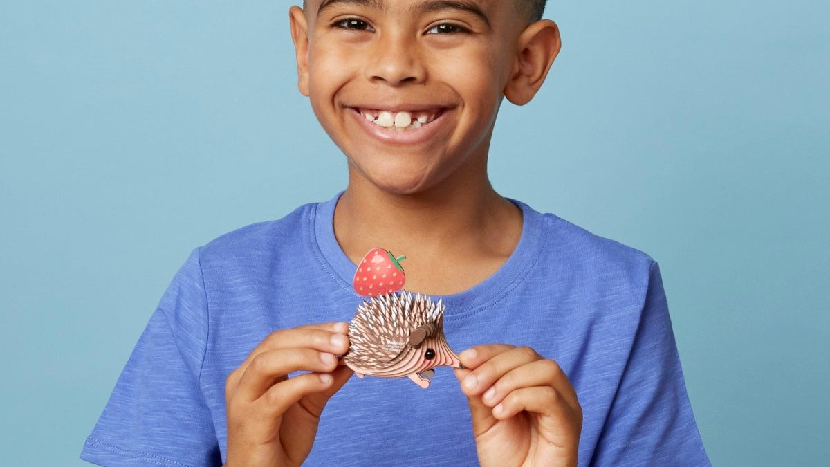 A child holding a finished EUGY Hedgehog 3D cardboard model, compared with Hey Clay air-dry clay in our guide