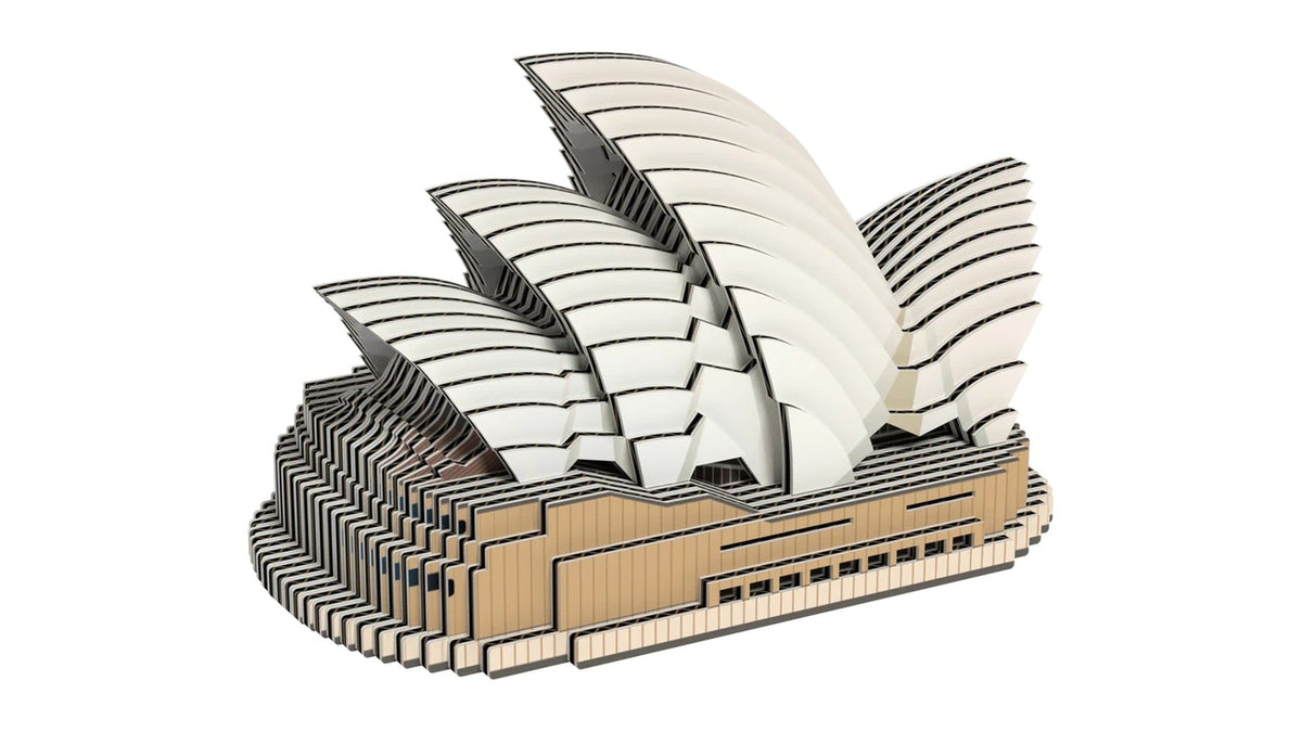 The EUGY Sydney Opera House 3D cardboard model kit, the range's first landmark build