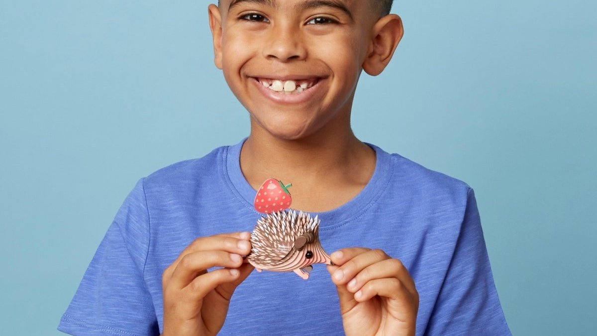 A child holding a finished EUGY Hedgehog 3D cardboard model, compared with Hey Clay air-dry clay in our guide