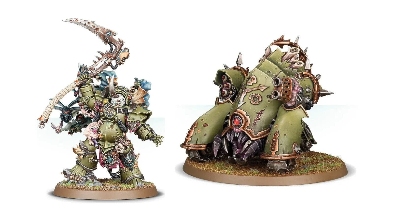 Death Guard miniatures: Typhus and a Myphitic Blight-hauler, painted Nurgle models
