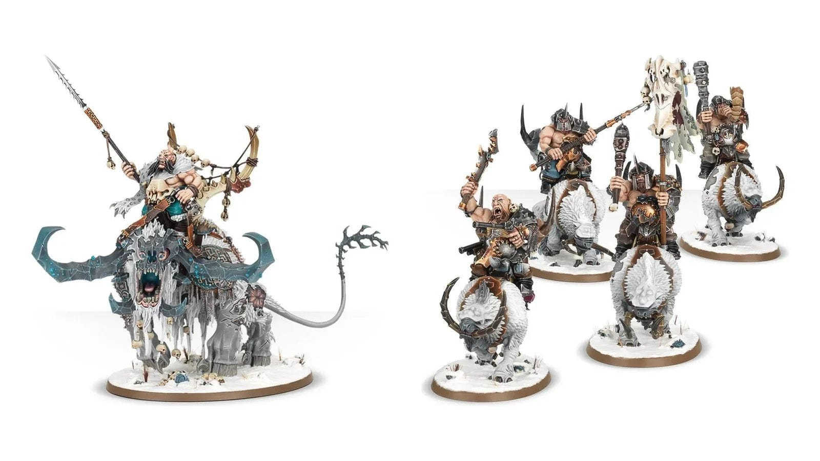 Painted Ogor Mawtribes Frostlord on Stonehorn and Mournfang Pack miniatures
