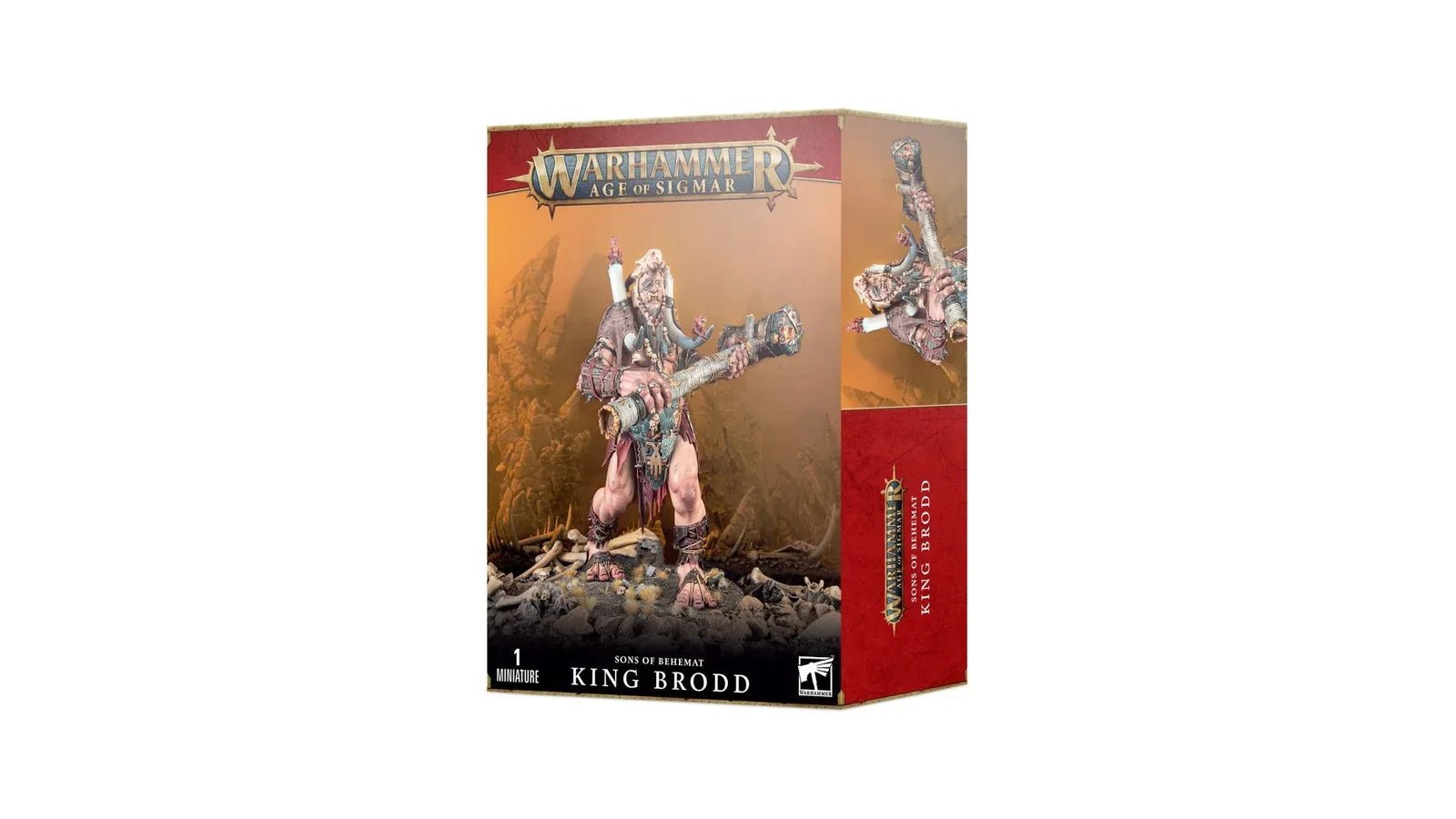 King Brodd, the Sons of Behemat Mega-Gargant, on the Age of Sigmar boxed miniature artwork