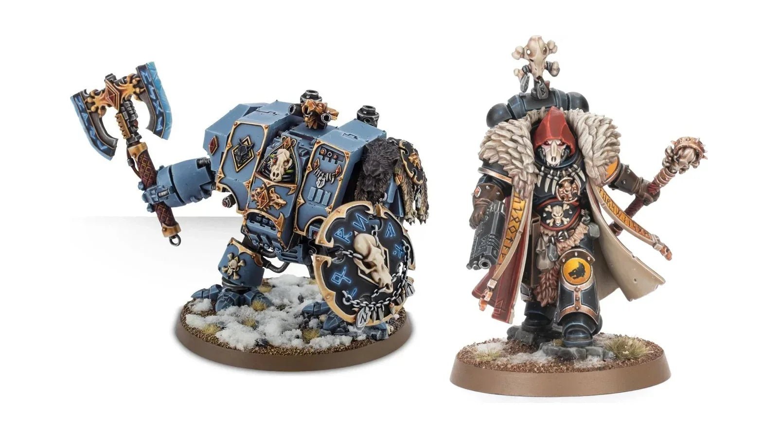 Space Wolves Venerable Dreadnought and Wolf Priest miniatures