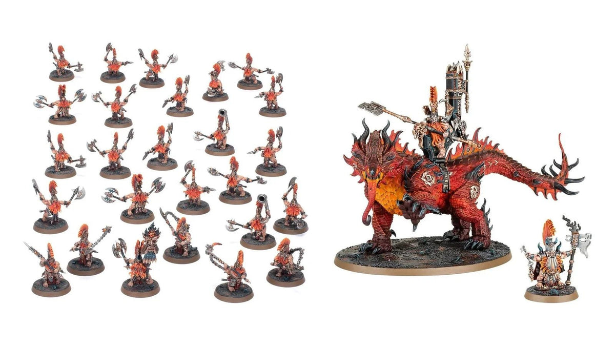 Painted Fyreslayers Spearhead force and Auric Runefather on Magmadroth miniatures