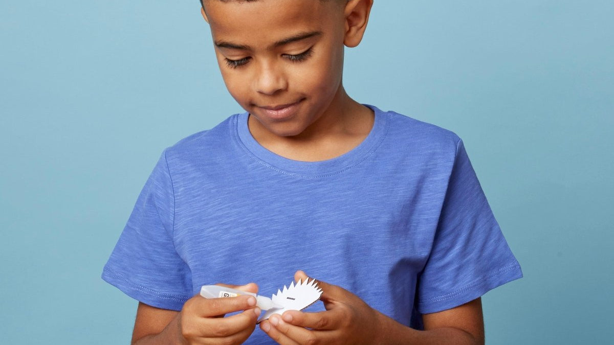 A boy gluing the numbered card slices of a EUGY Hedgehog 3D model kit together at a table
