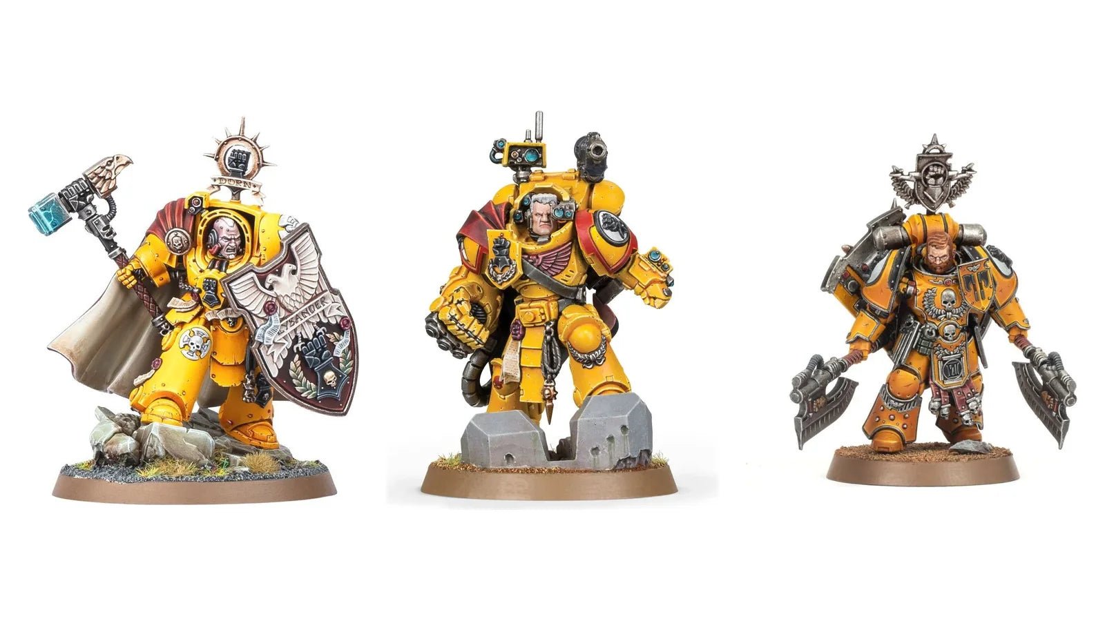 Imperial Fists miniatures: Darnath Lysander, Tor Garadon and Fafnir Rann in yellow power armour