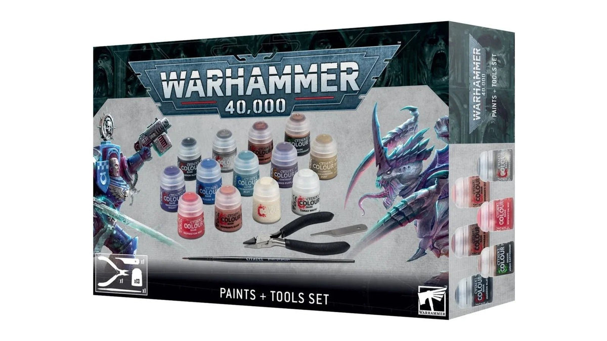 Warhammer 40,000 Paints and Tools Set box containing Citadel Colour paints, brushes and clippers