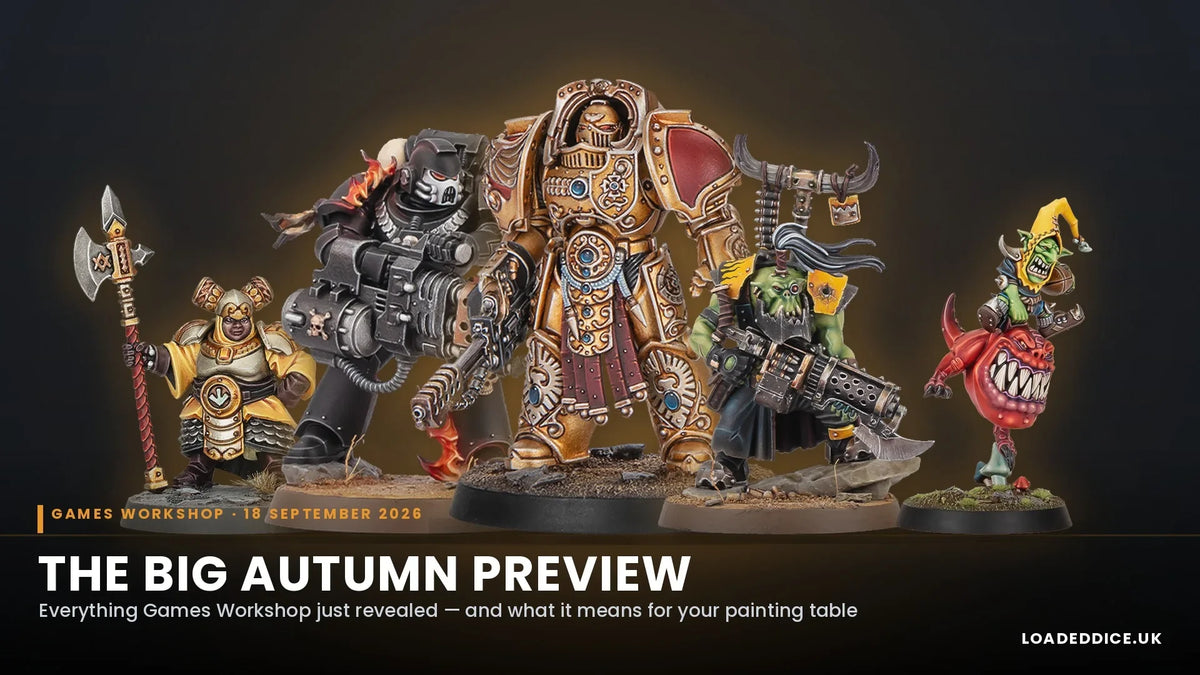 Composite of Big Autumn Preview reveals including a Khazalite duardin, a Legion of the Damned Legionnaire, an Aquilon Custodian Terminator, an Ork Killa Boss and a Night Goblin Squig Hopper