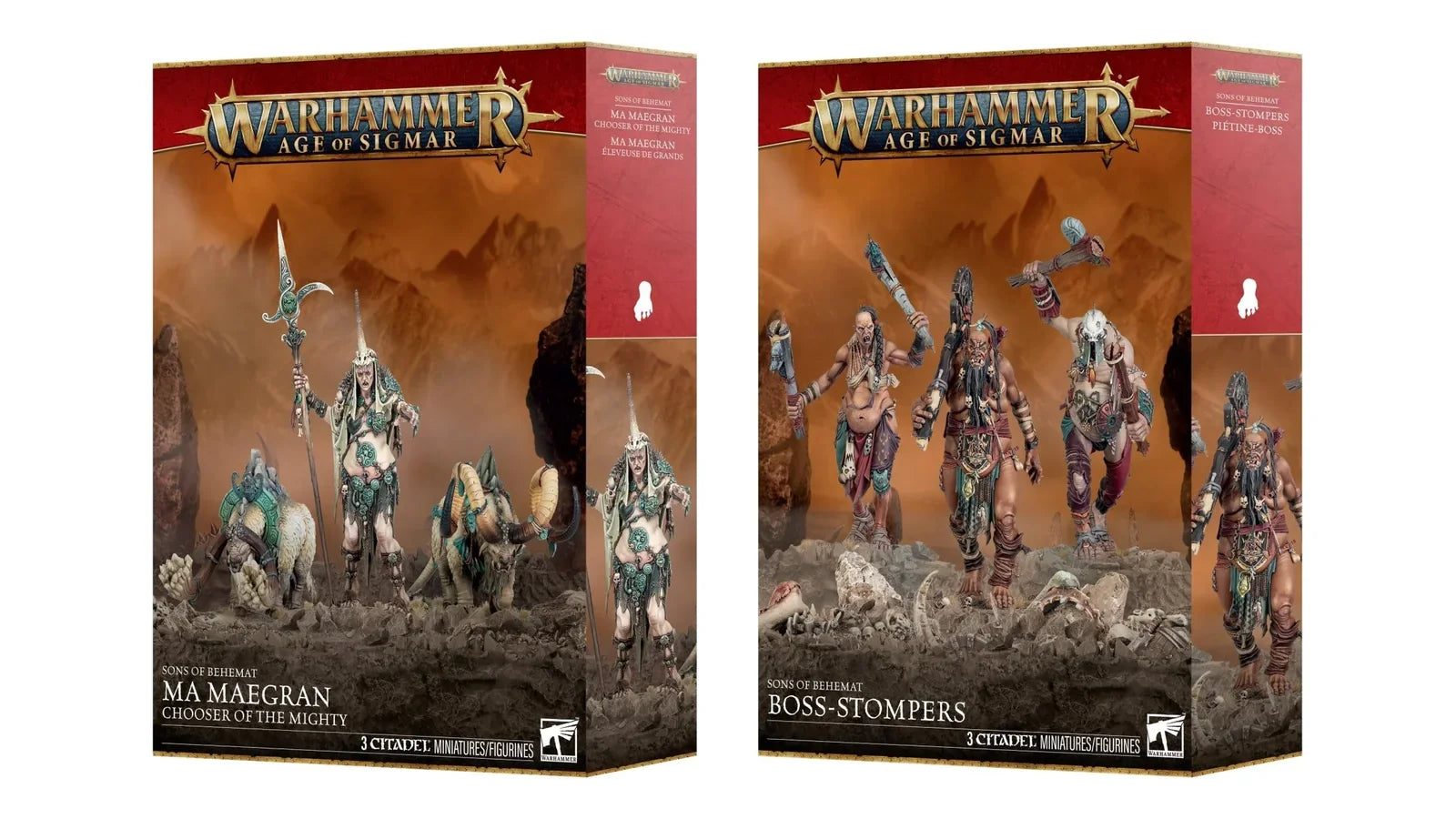 Sons of Behemat Ma Maegran and Boss-Stompers boxed miniature sets for Warhammer Age of Sigmar