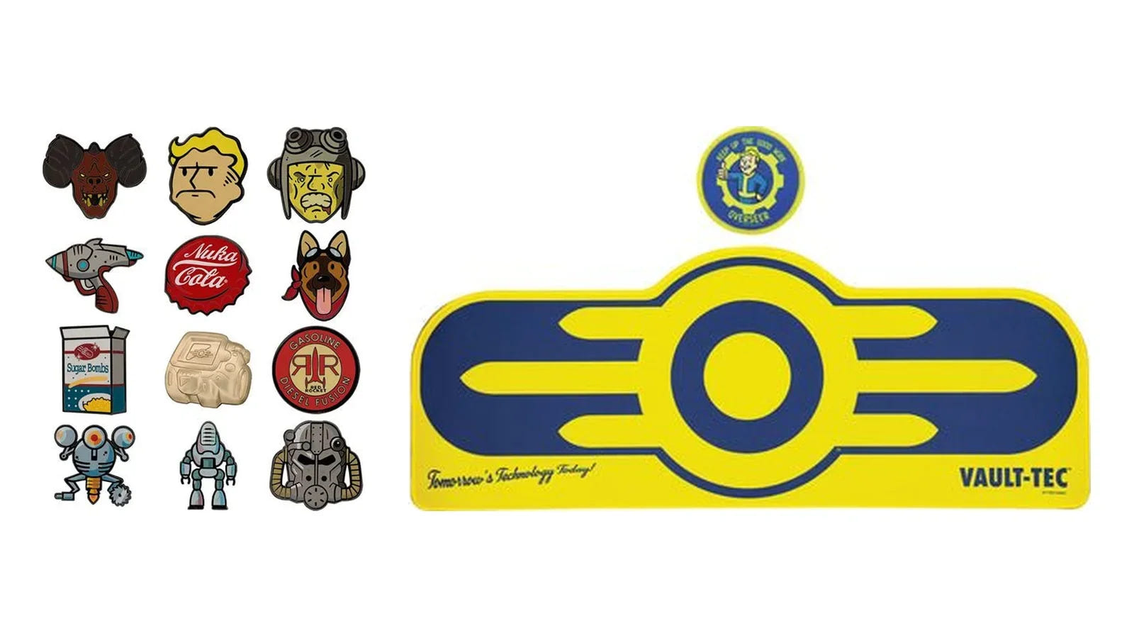 Fallout gifts: Fallout mystery pin badges and the Vault-Tec XL desk pad