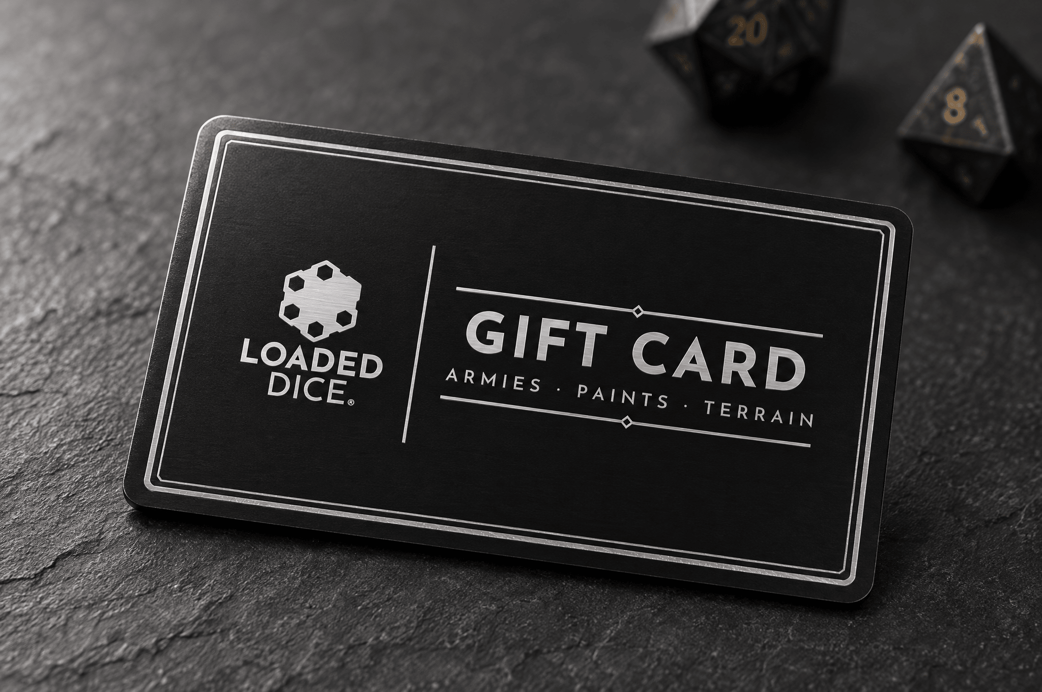 Chamber+ Gift Card, Classic front: black metal card laser-engraved in silver