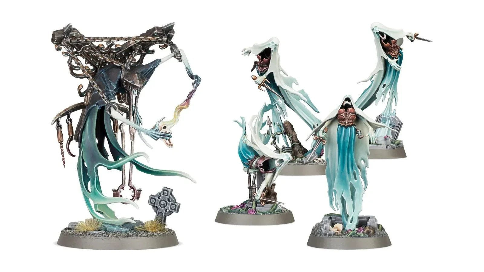 Nighthaunt miniatures: a Krulghast Cruciator and Myrmourn Banshees