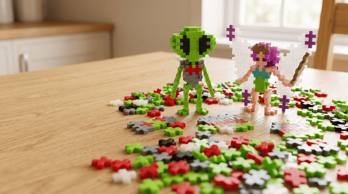 Plus-Plus Alien and Fairy builds standing on a kitchen table surrounded by loose plus-shaped building pieces