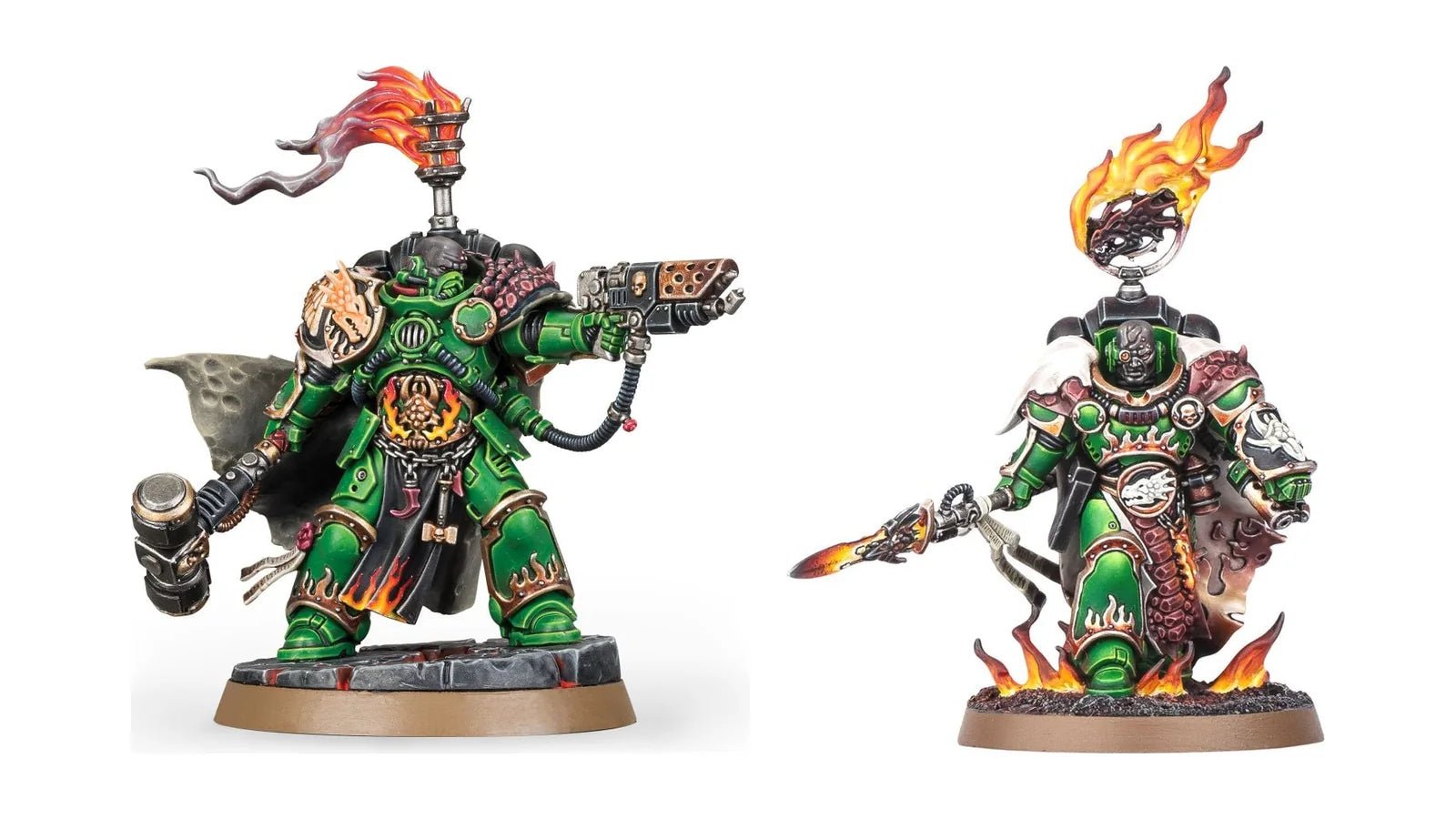 Salamanders miniatures: Adrax Agatone and Vulkan He'stan in green power armour