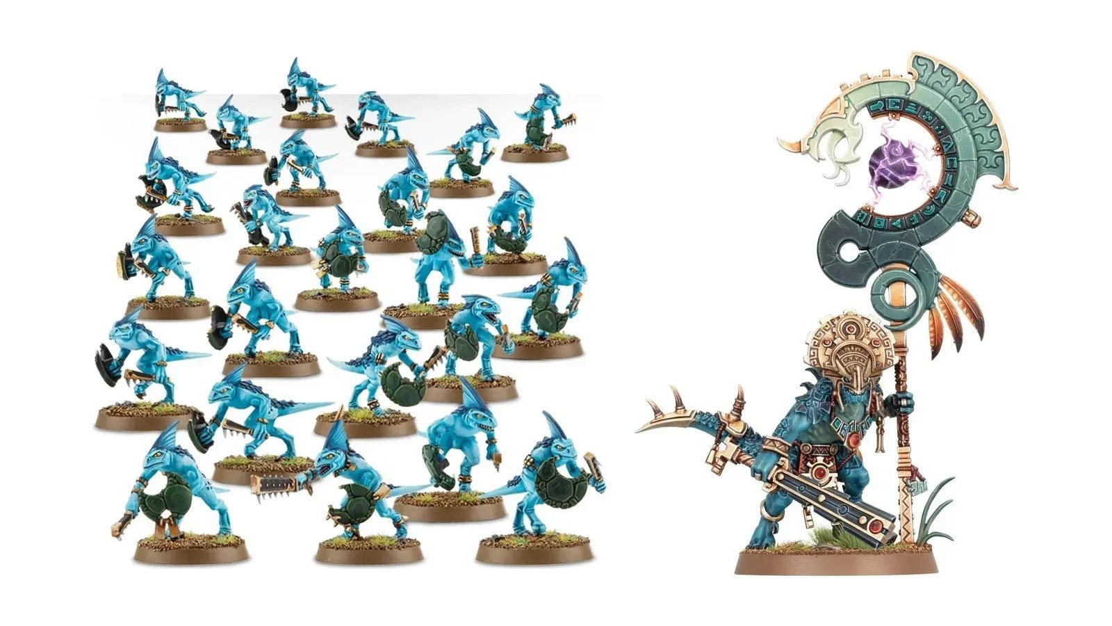Seraphon Skinks and Saurus Astrolith Bearer miniatures