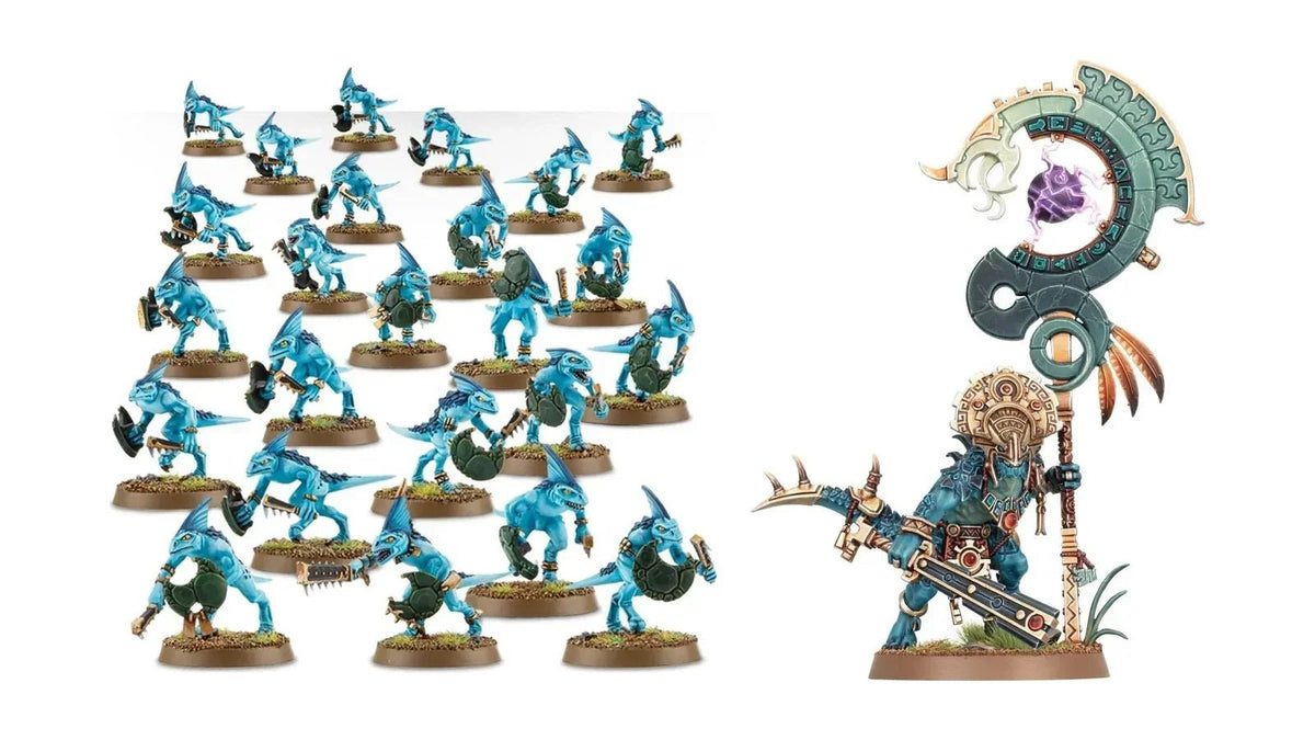Seraphon Skinks and Saurus Astrolith Bearer miniatures