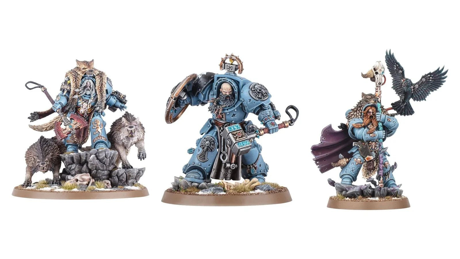 Space Wolves miniatures: Logan Grimnar, Arjac Rockfist and Njal Stormcaller