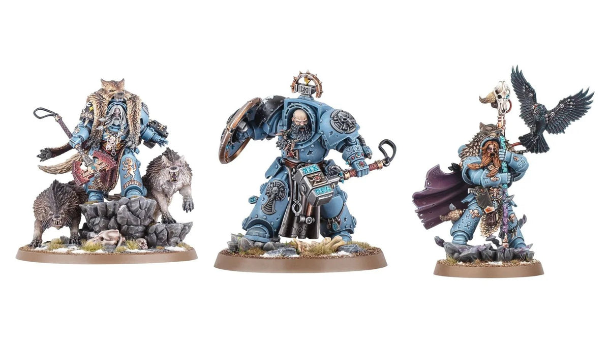 Space Wolves miniatures: Logan Grimnar, Arjac Rockfist and Njal Stormcaller