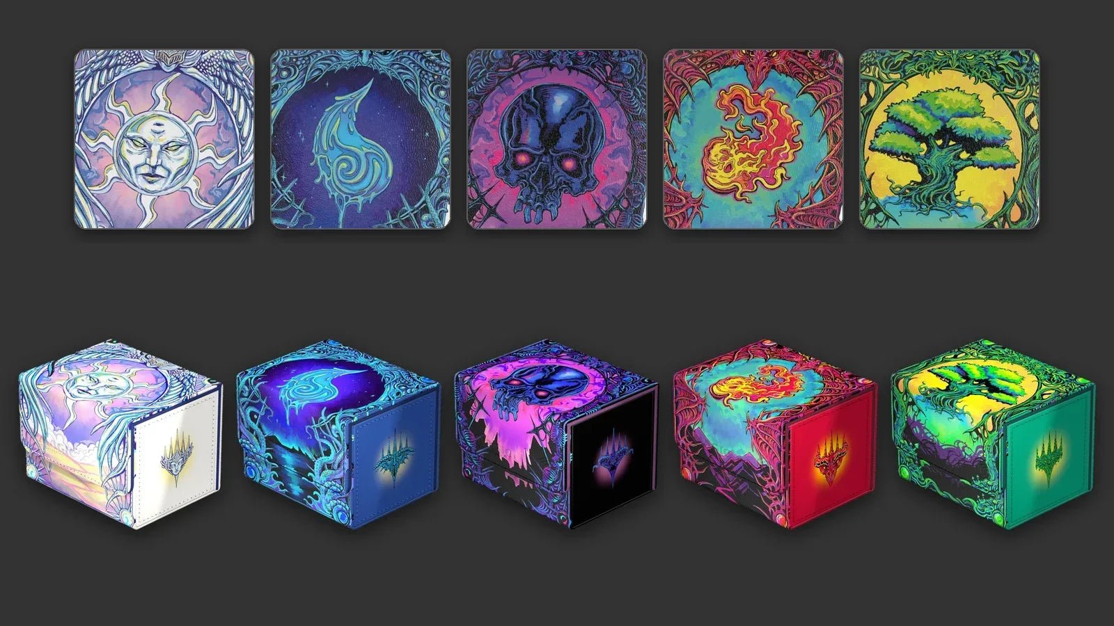 Ultimate Guard Mana Token range: art close-ups and Sidewinder deck boxes in all five Magic colours