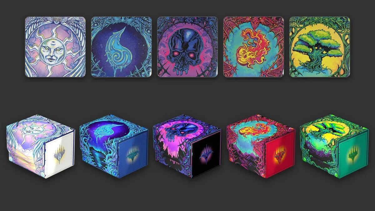 Ultimate Guard Mana Token range: art close-ups and Sidewinder deck boxes in all five Magic colours