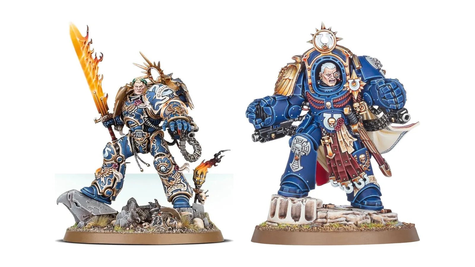 Ultramarines miniatures: Roboute Guilliman and Marneus Calgar in blue power armour