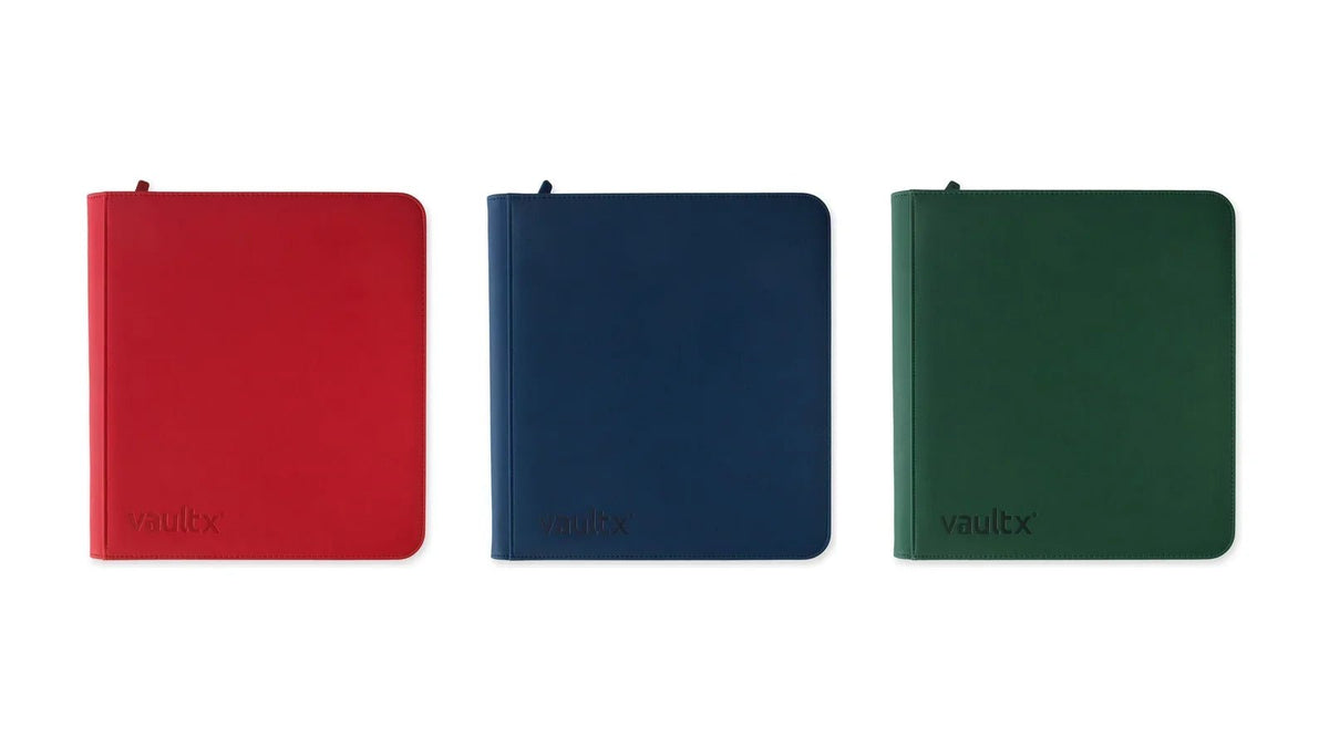 Three Vault X Exo-Tec zip binders in red, blue and green for trading card storage