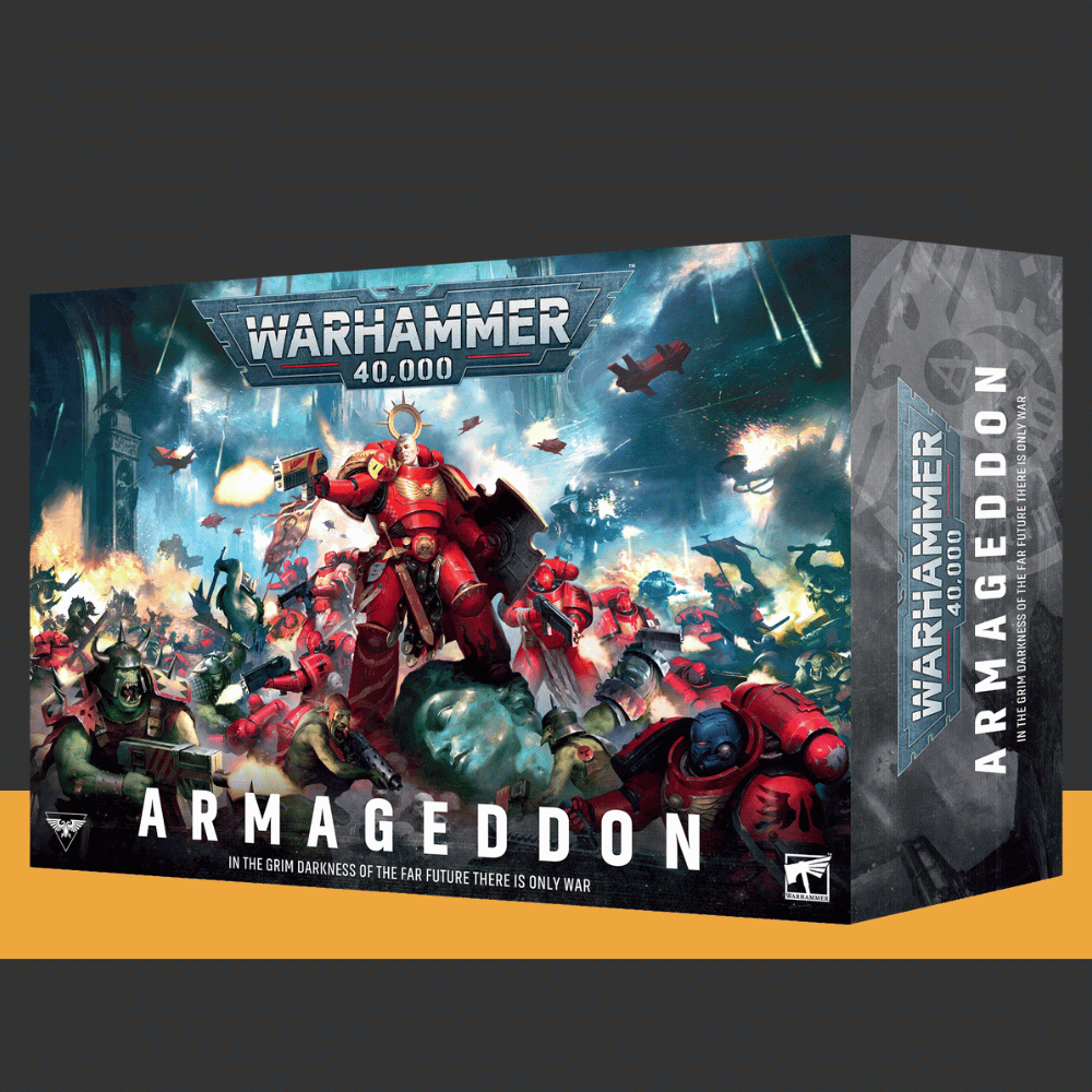 Warhammer 40,000: Armageddon 11th Edition launch box featuring Space Marines and Orks