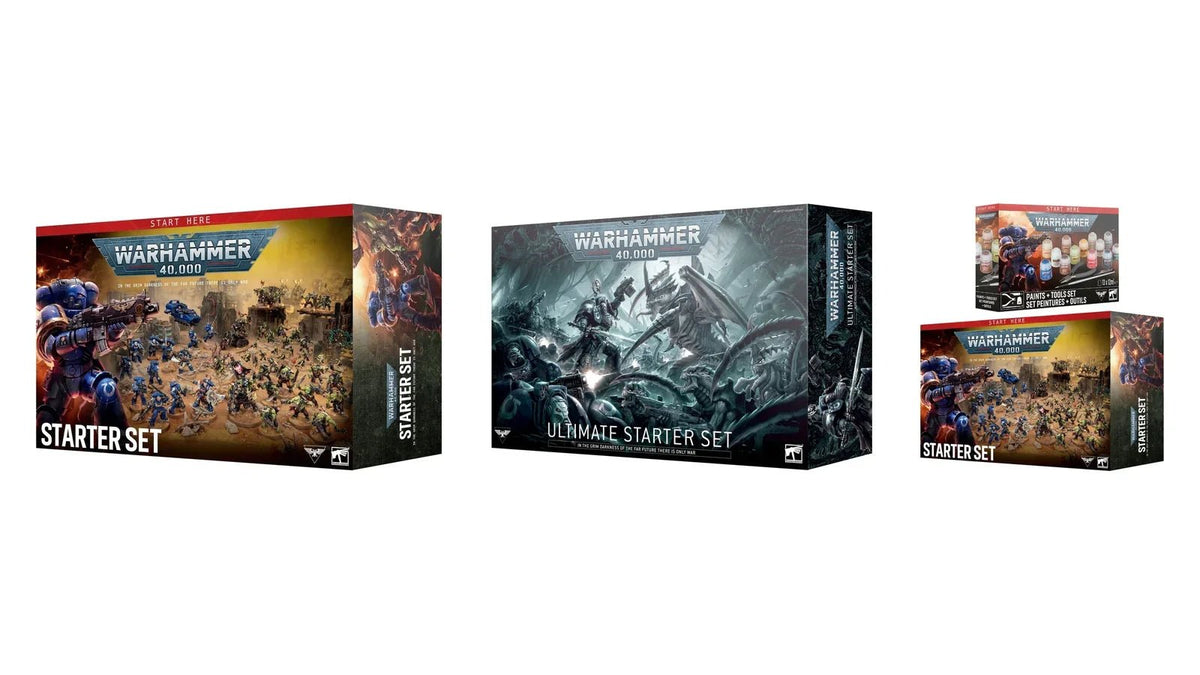 Three Warhammer 40,000 starter boxes side by side: Starter Set, Ultimate Starter Set and the Complete Starter Bundle
