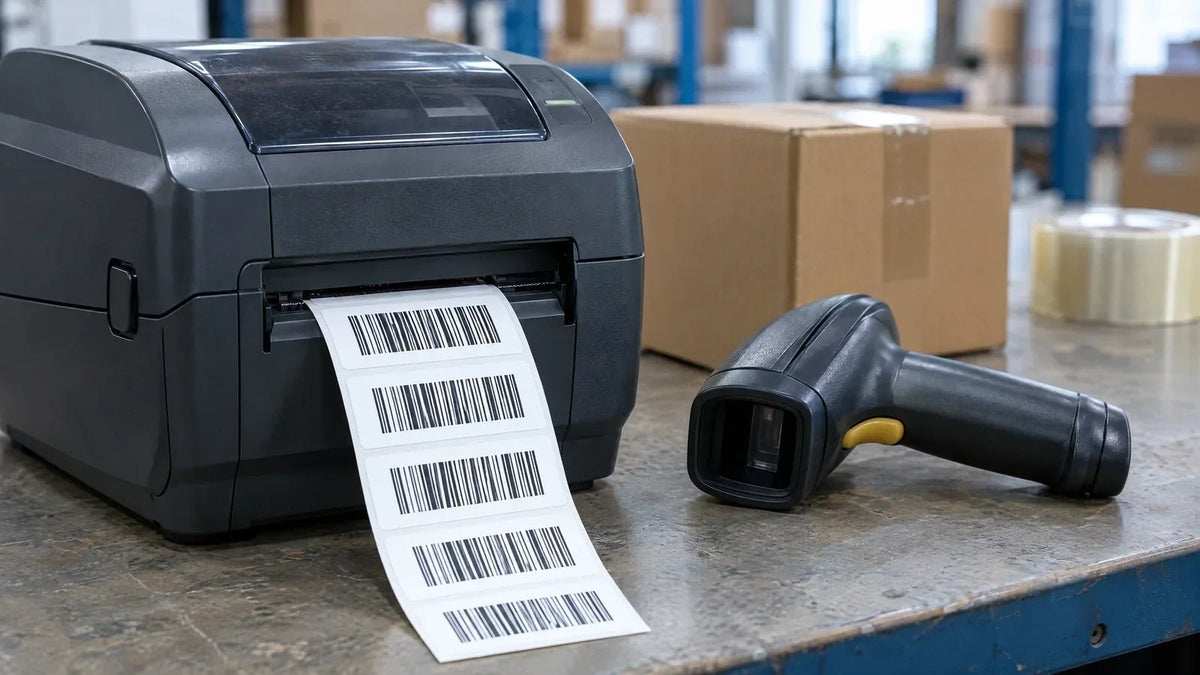 Thermal label printer and barcode scanner on a warehouse bench