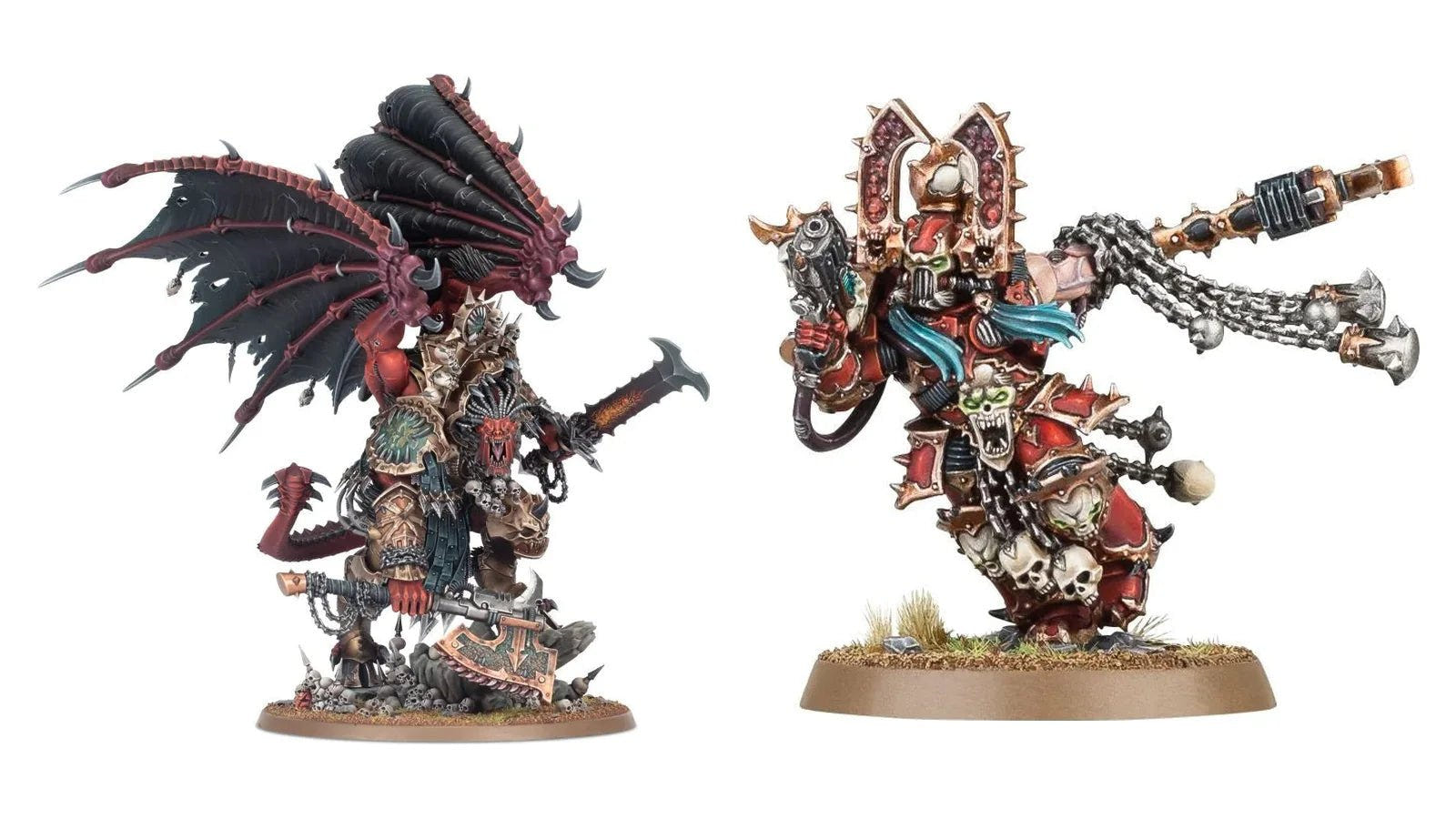 World Eaters miniatures: Angron, Daemon Primarch of Khorne, and Kharn the Betrayer