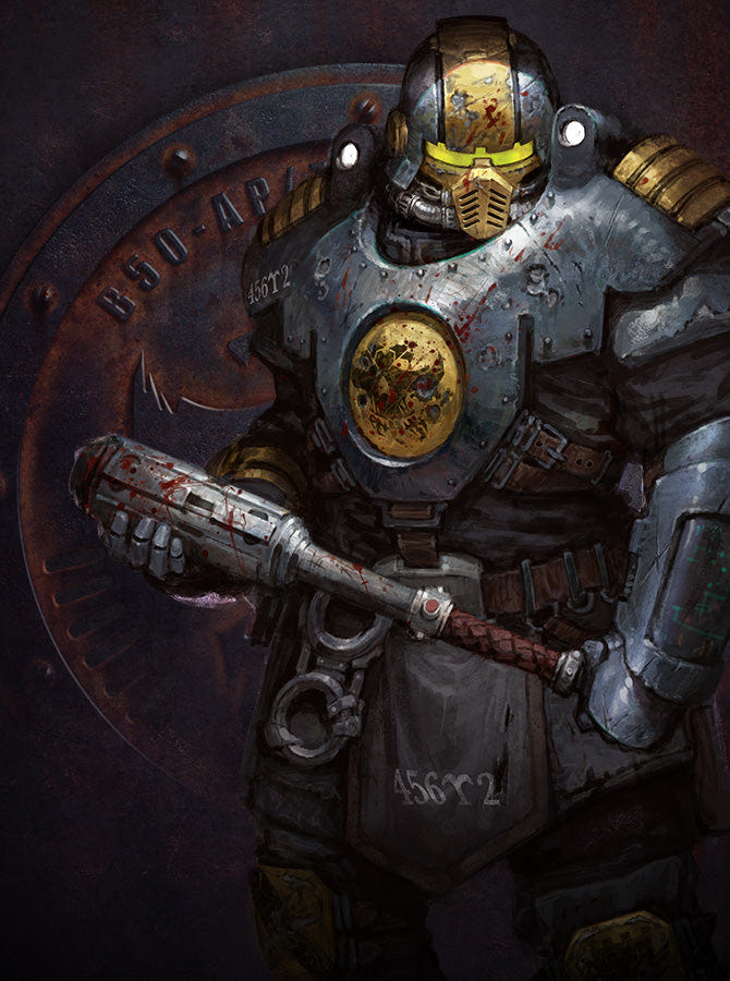 Necromunda artwork of a Palanite Enforcer in battered, blood-spattered armour holding a shock maul – discounted Games Workshop at Loaded Dice