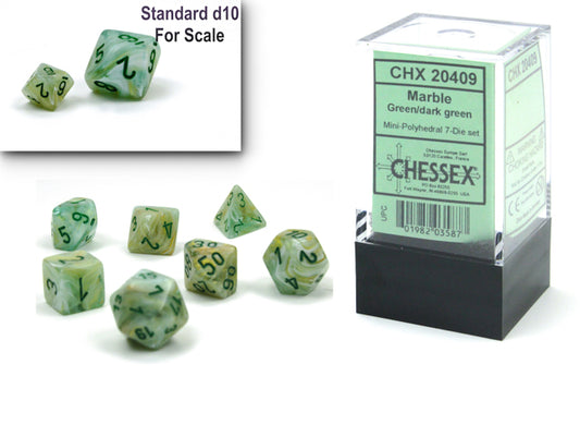 Chessex - Mini Marble Polyhedral 7 Die Set - Green & Dark Green - Loaded Dice