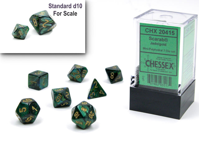 Chessex - Mini Scarab Polyhedral 7 Die Set - Jade & Gold 7-Die Set - Loaded Dice