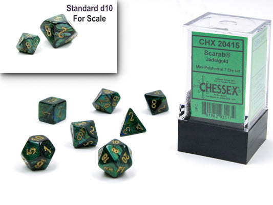 Chessex - Mini Scarab Polyhedral 7 Die Set - Jade & Gold 7-Die Set - Loaded Dice